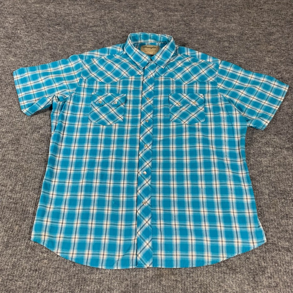Wrangler Shirt Mens XXL Turquoise Plaid Western Pearl Snap Short Sleeve Cowboy